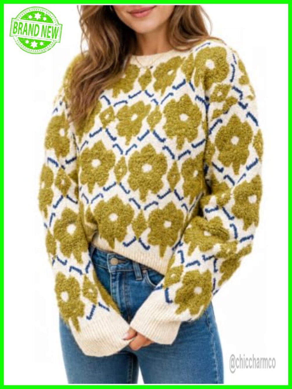 Oversized Floral Knit Pullover Sweater Crewneck Long Sleeve Fall Winter